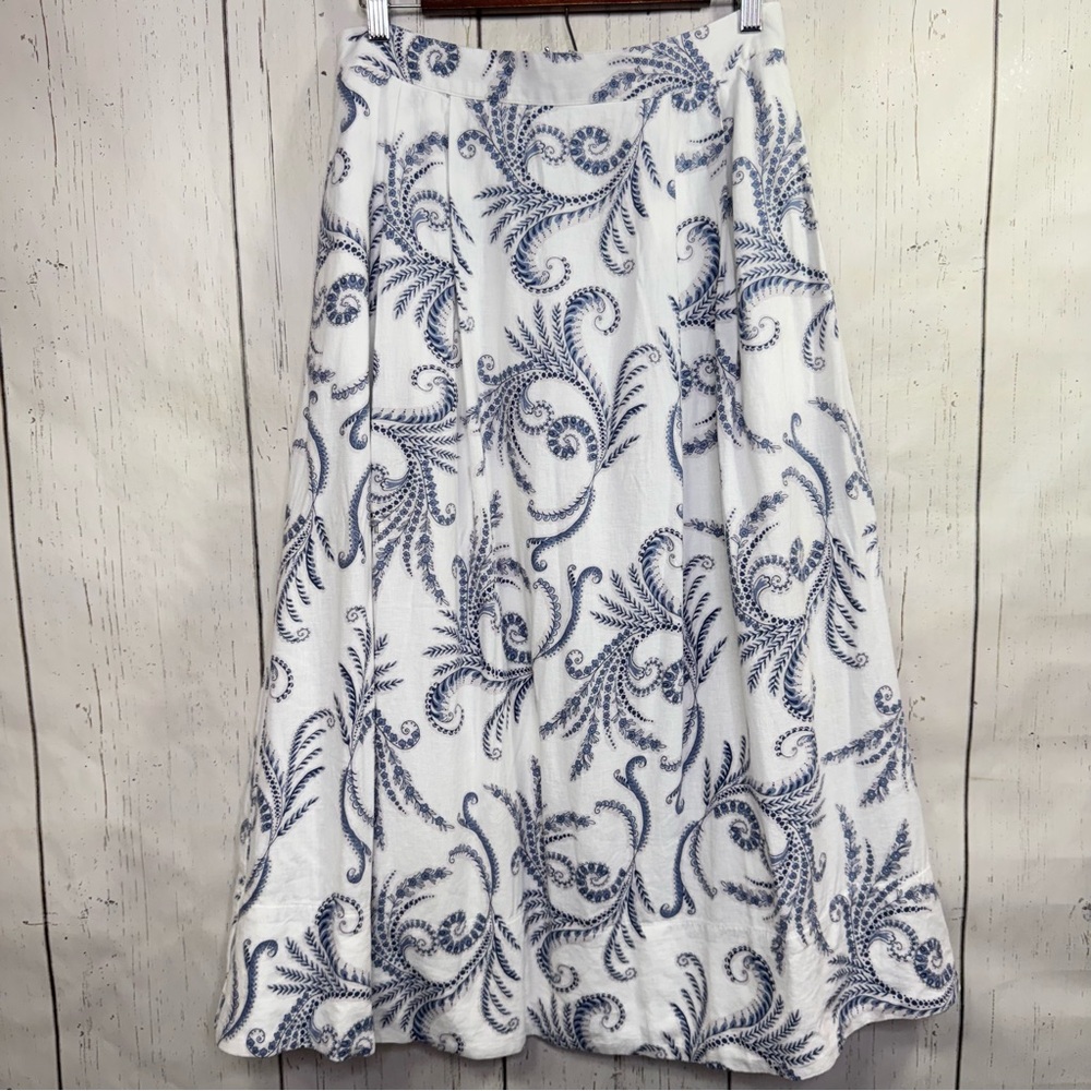 Banana Republic White Midi Skirt with Navy Scroll Print